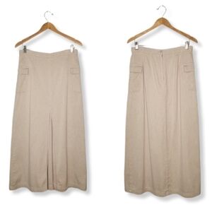 Vintage 90s Woven Cotton Cargo Maxi Skirt with Center Pleat Neutral Tan Size 10